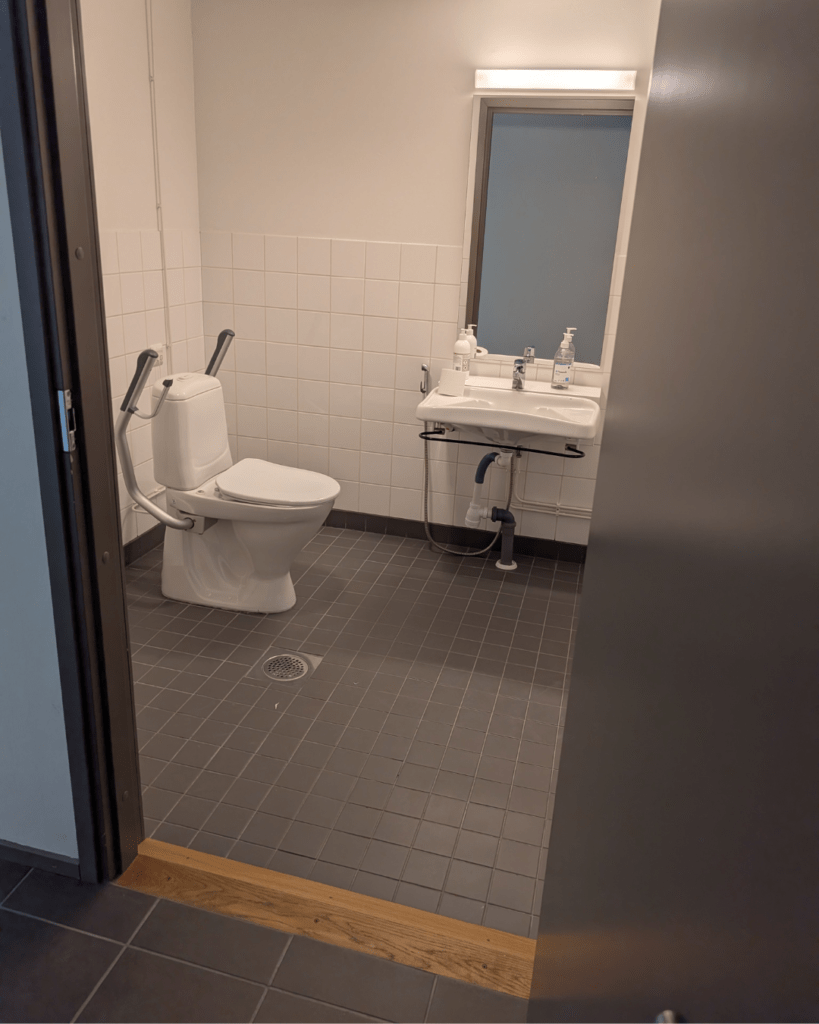 Kuvassa esteetön wc ovelta kuvattuna. Ovella on puinen kynnys, joka on viistetty loivasti alaspäin kohti vessaa. Wc-istuimen molemmin puolin on nousevat käsituet. Käsienpesualtaan hana on käsikäyttöinen. Altaan yllä on peili.