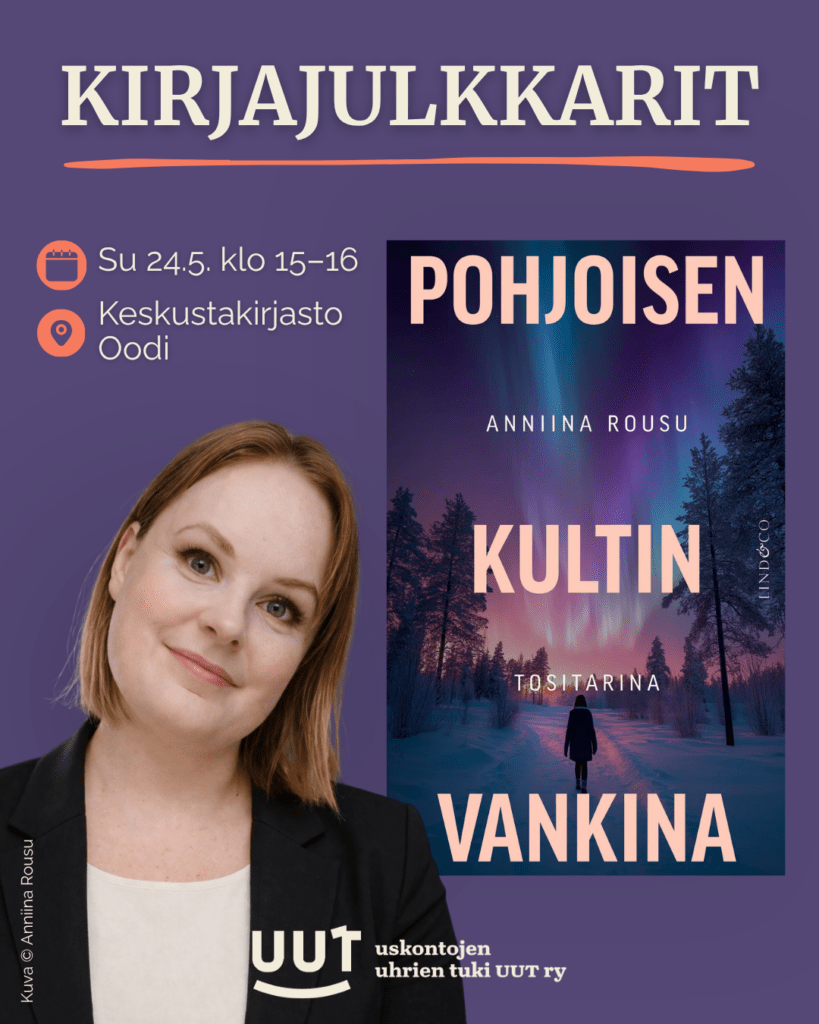 Kuvassa on kirjailija Anniina Rousu, joka hymyilee sekä Pohjoisen kultin vankina -kirjan kansikuva.